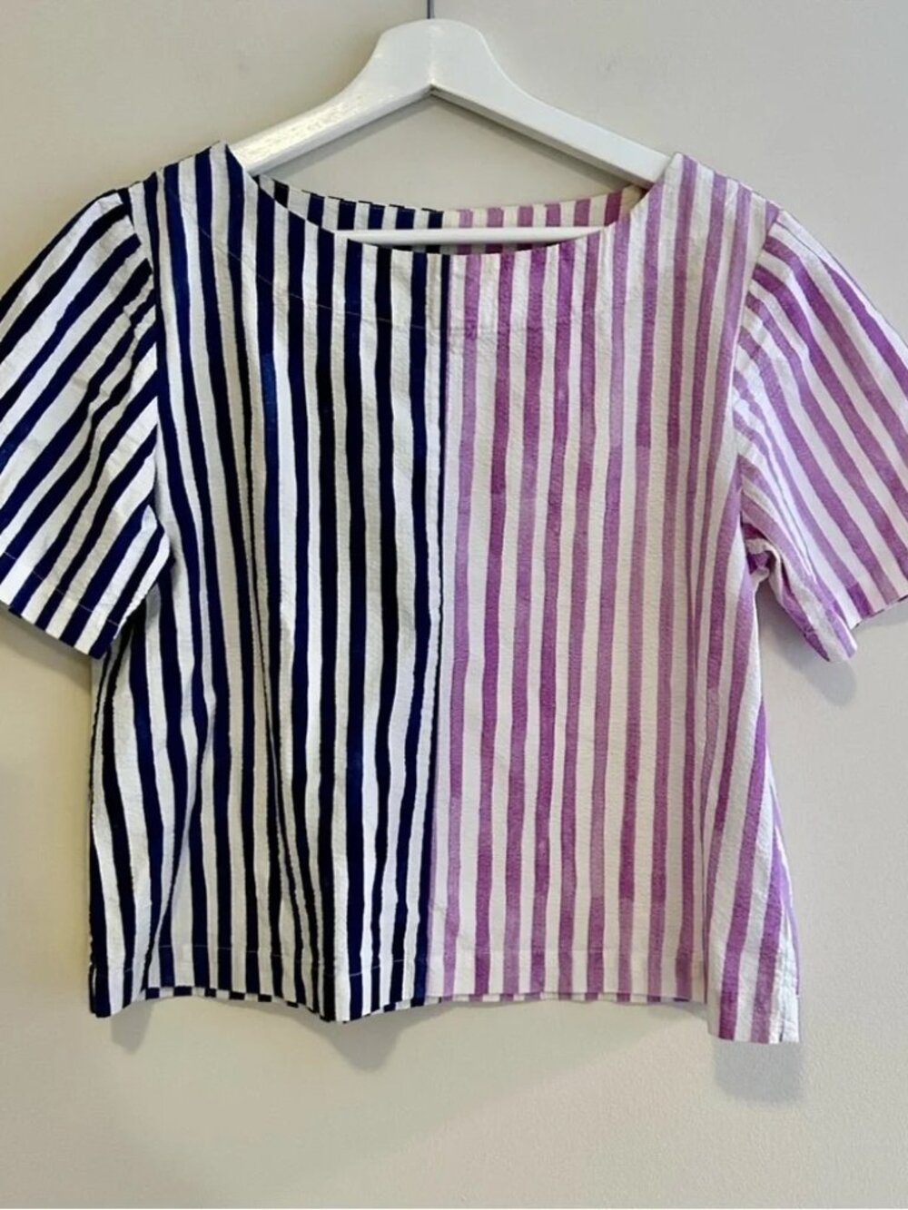 Koch Striped Short Sleeve Top Navy Purple White Casual Cotton Poplin Relaxed Fit